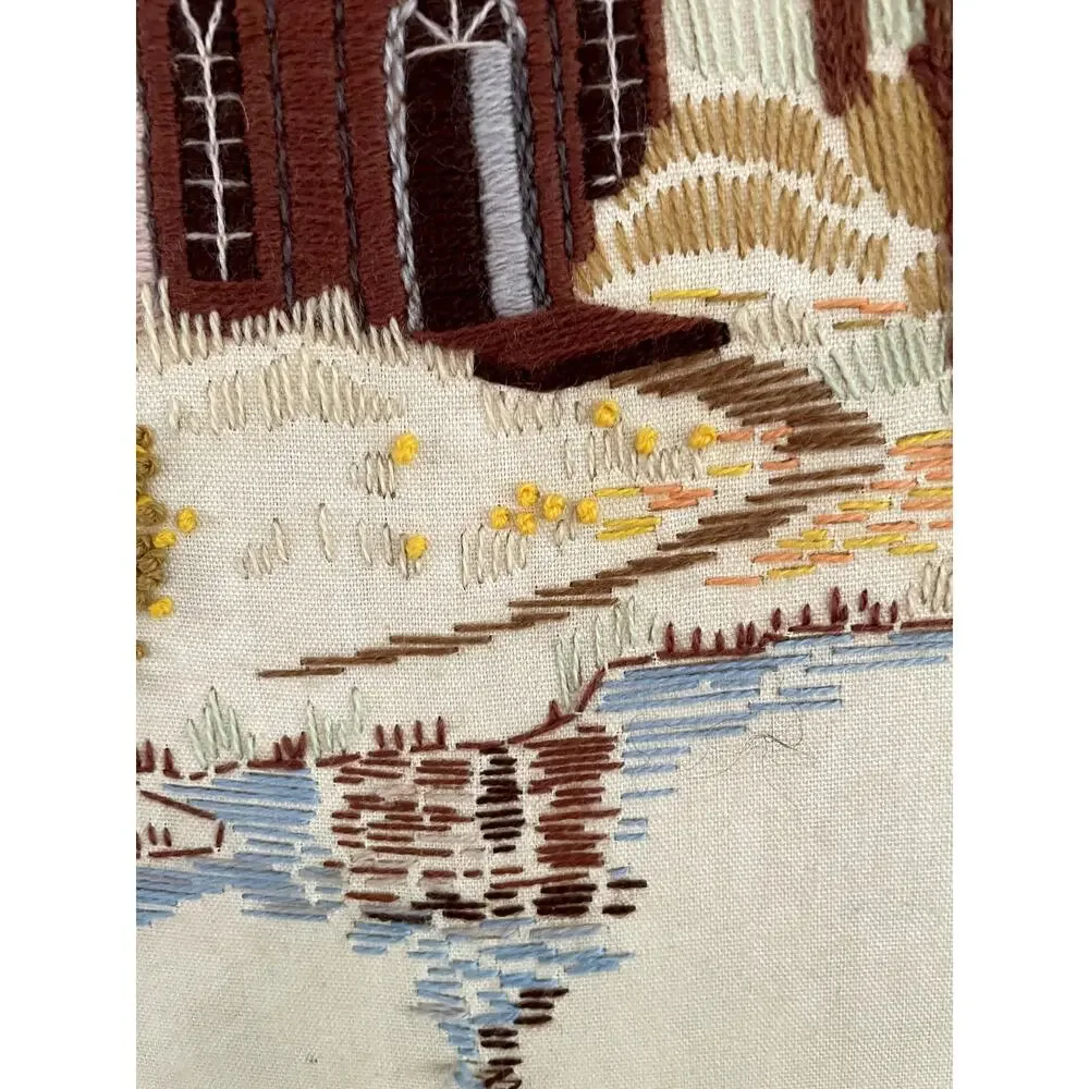Vintage 1979 Handcrafted Crewel Embroidery on Linen Canvas